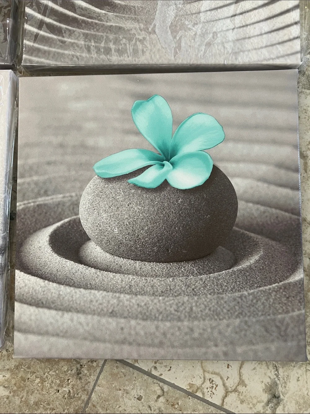Zen Stone Wall Art Set with Teal Flower – Home Bath- set of 4 - 12”x12”